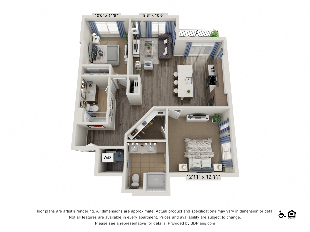 Floor plan for 2 beds, 2 baths, 1139 sqft
